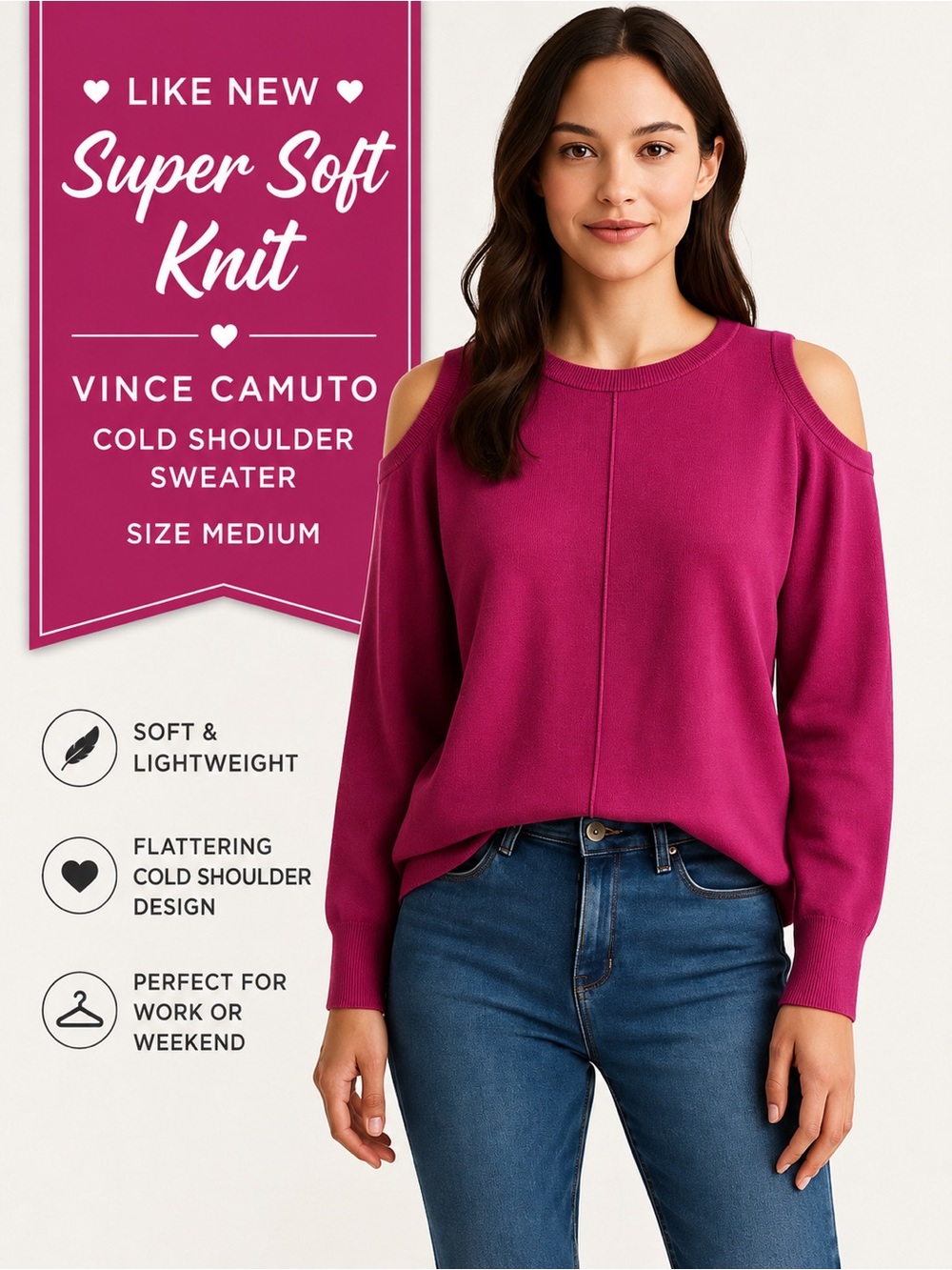 Vince Camuto Cold Shoulder Sweater Pink Magenta Lightweight Soft Knit M